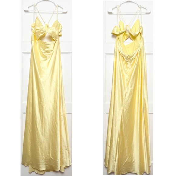 MAC DUGGAL Butter Yellow Satin Twist Front V-Neck Cutout Sleeveless Maxi Gown 16 - Picture 6 of 9